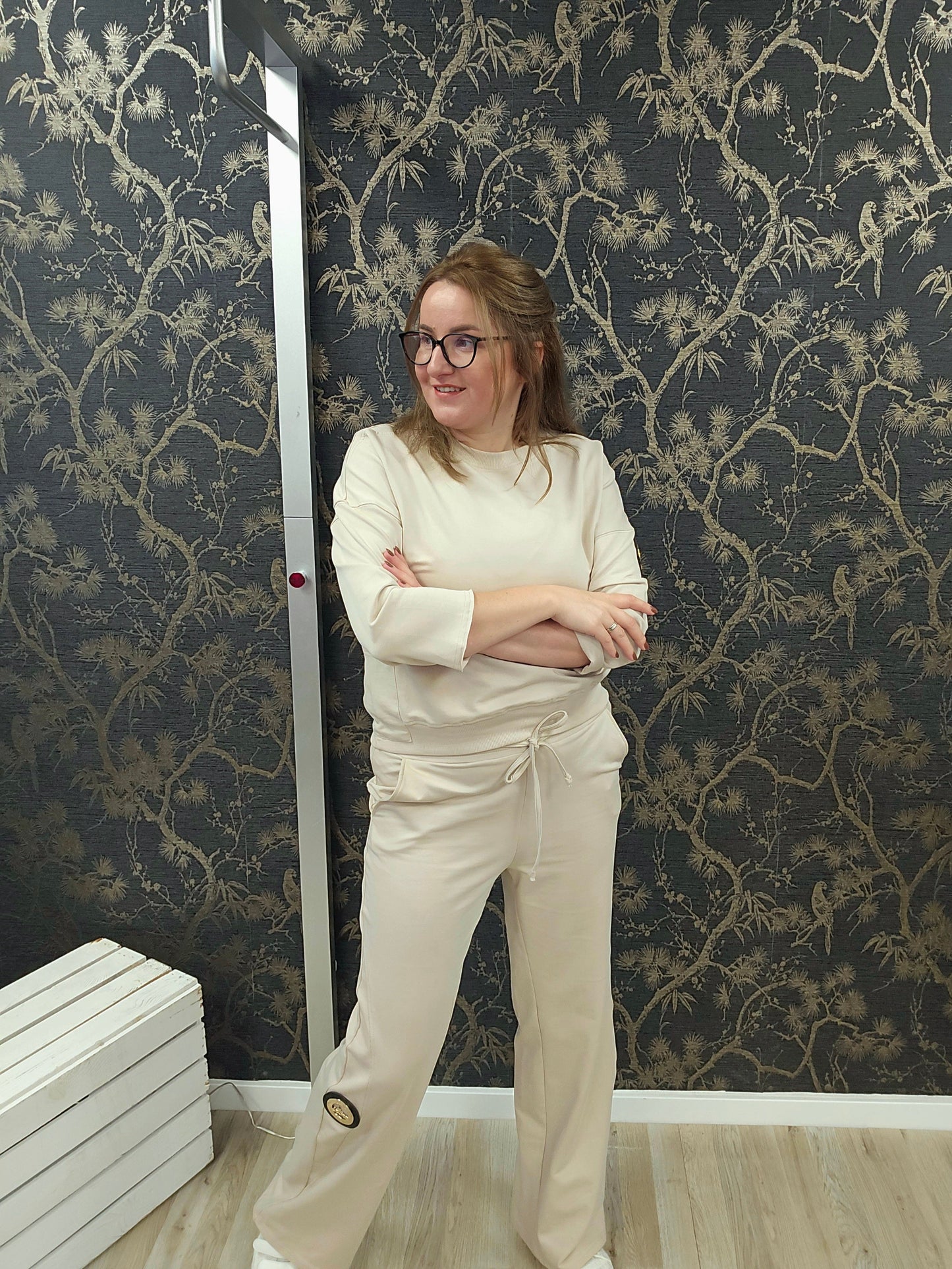 Anzug la..mu Ring Logo beige Sweatshirt und Hose breite Beine Ramoneska