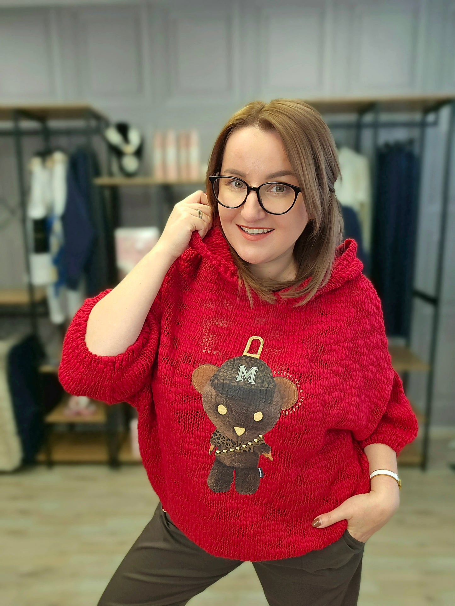 Pullover Bär mit Kapuze gehäkelt Minouu Rot