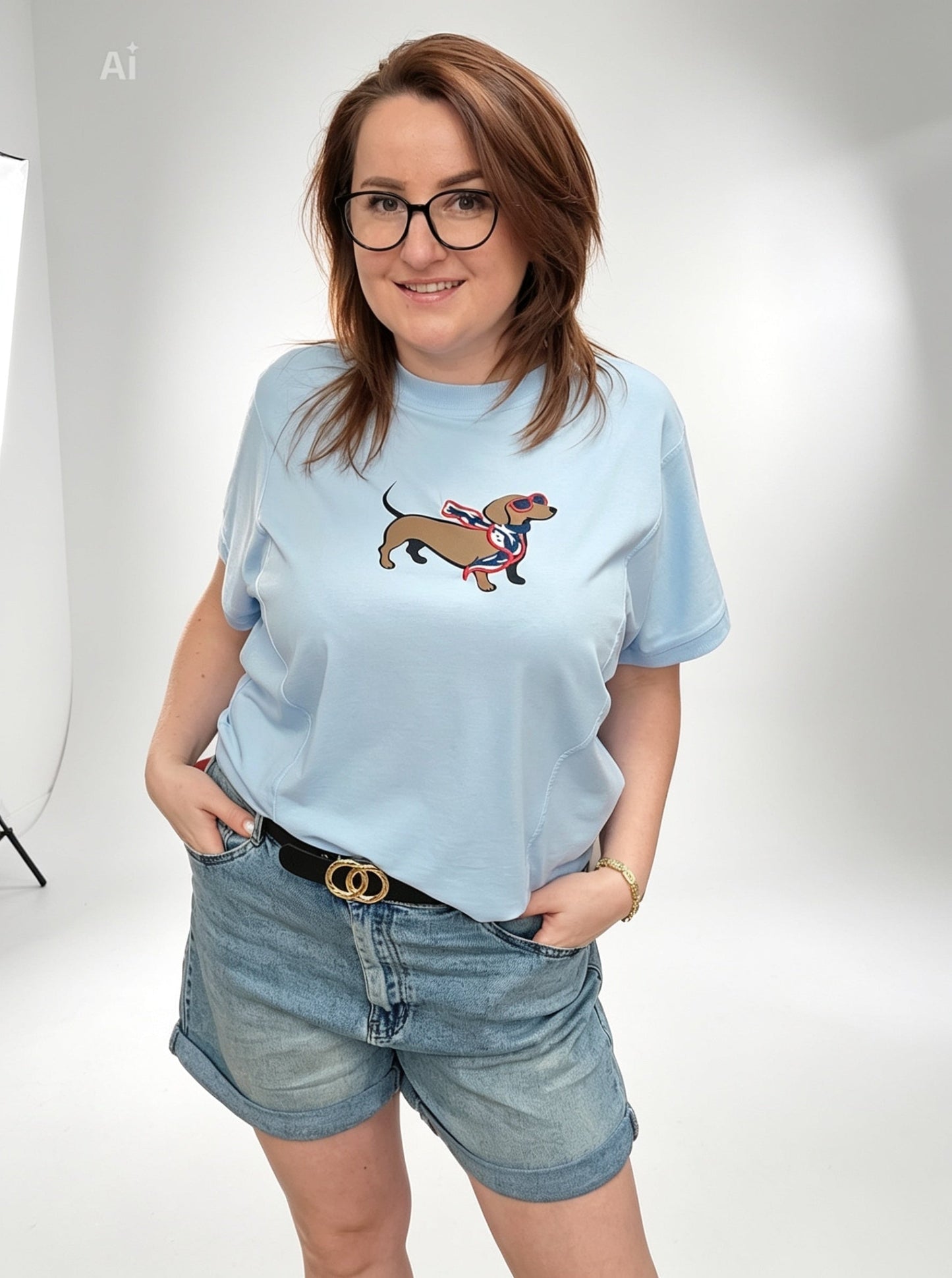 Shirt Bluse 'Dackel' hellblau Ramoneska