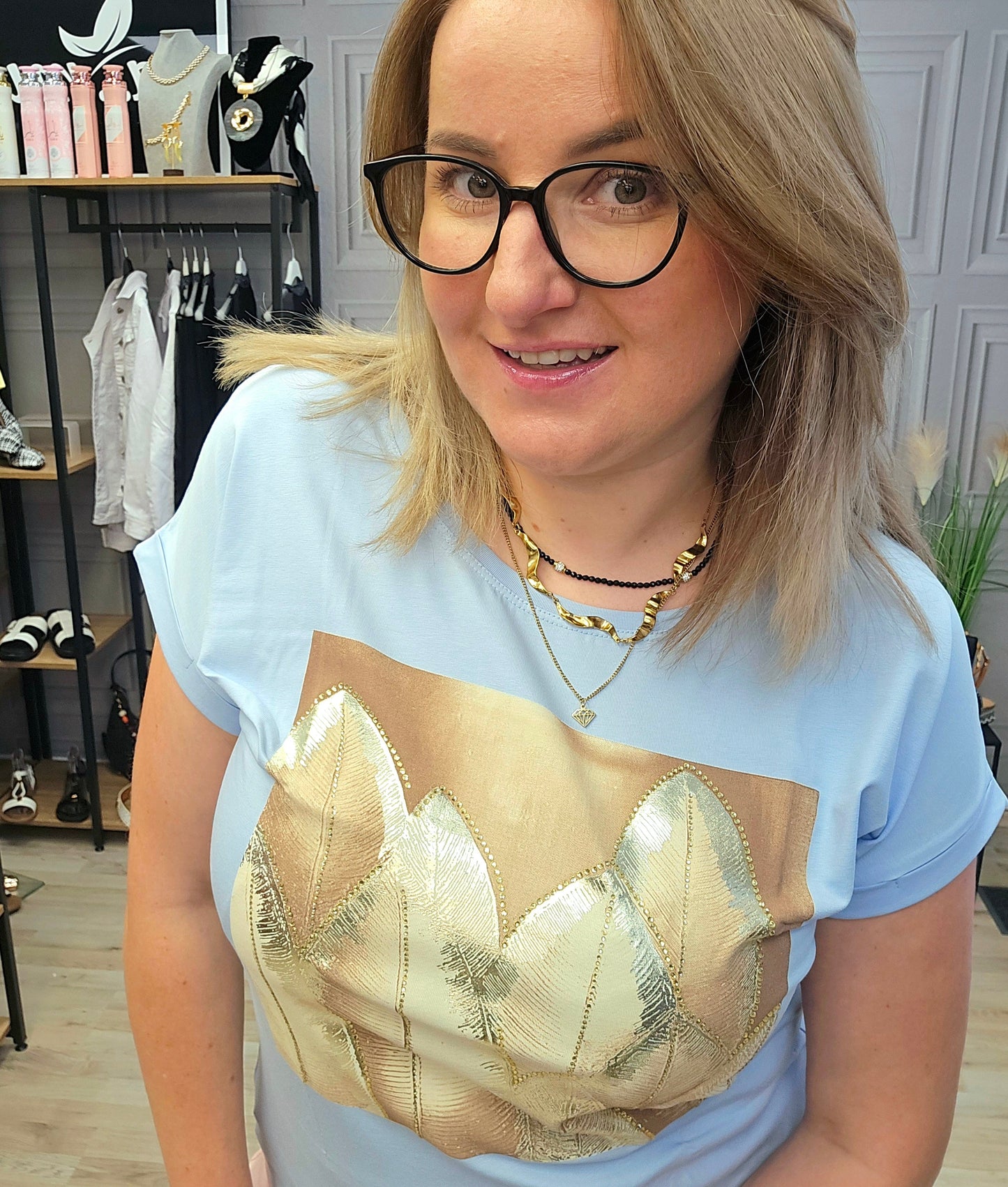 T-Shirt Bluse Blätter mit Strass Ramoneska