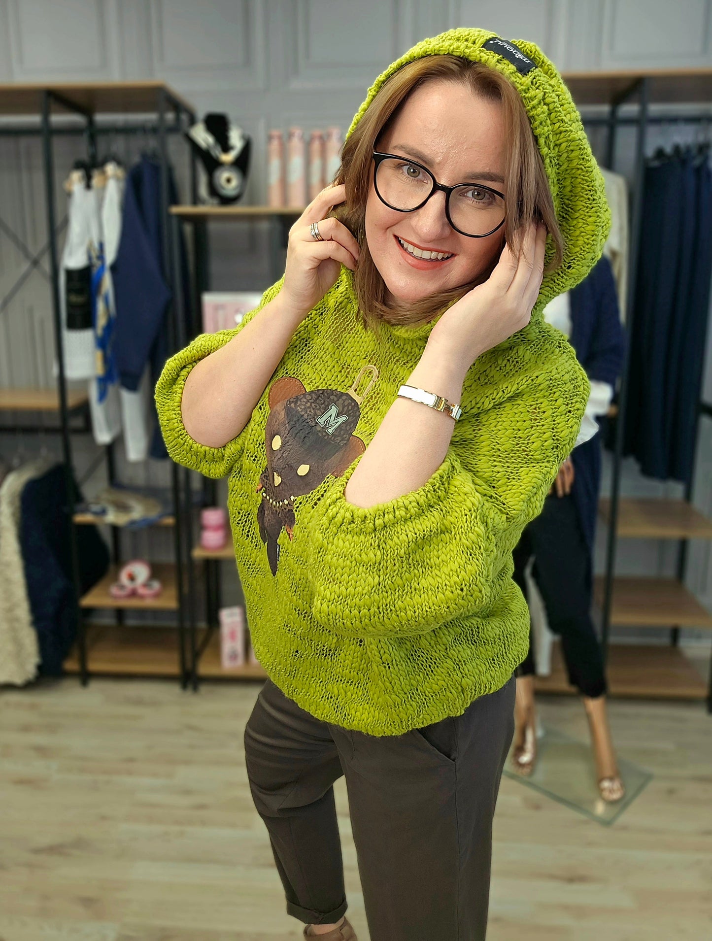 Pullover Bär mit Kapuze gehäkelt Minouu Grün Minouu