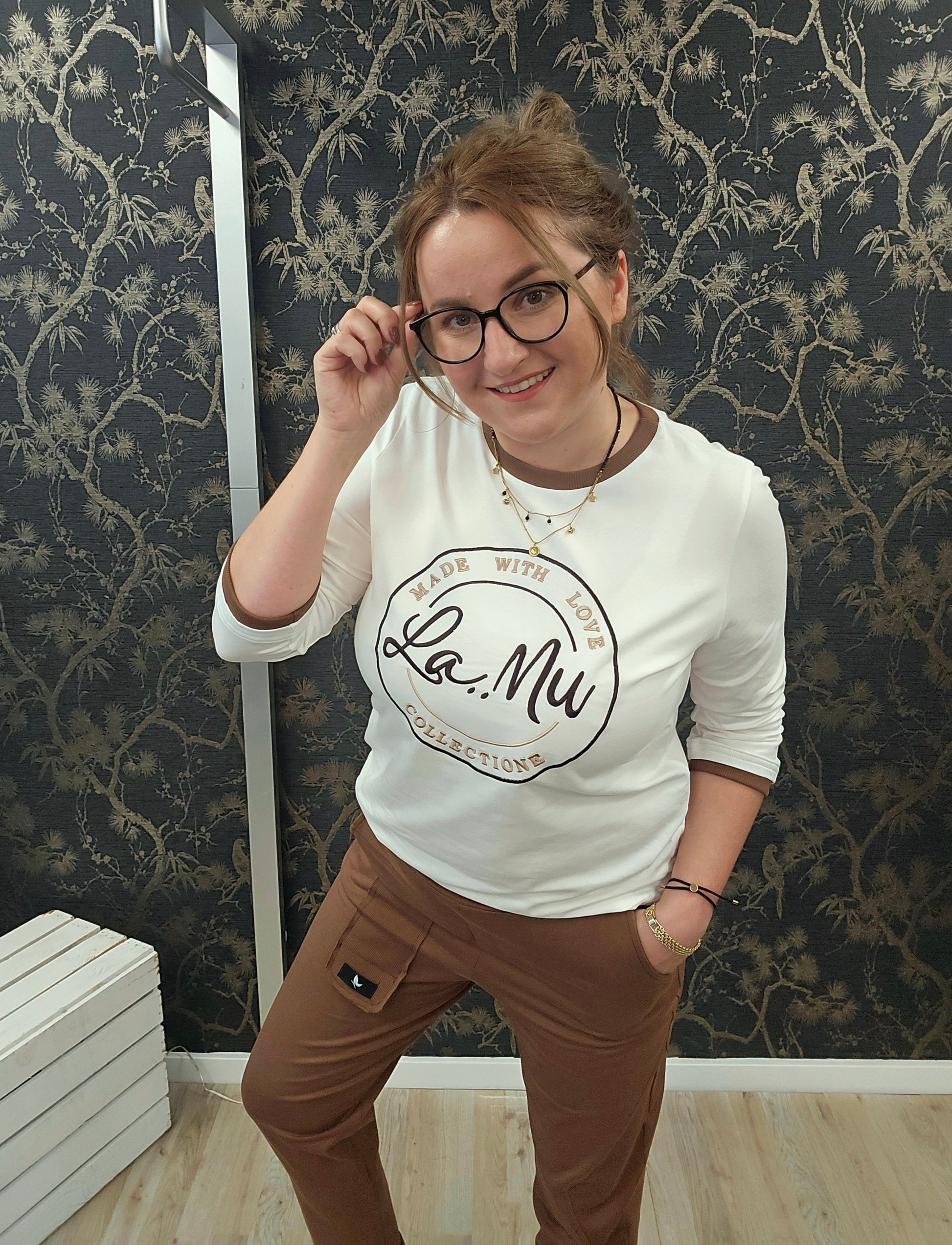Bluse Stickerei Logo la..mu ecru la..mu