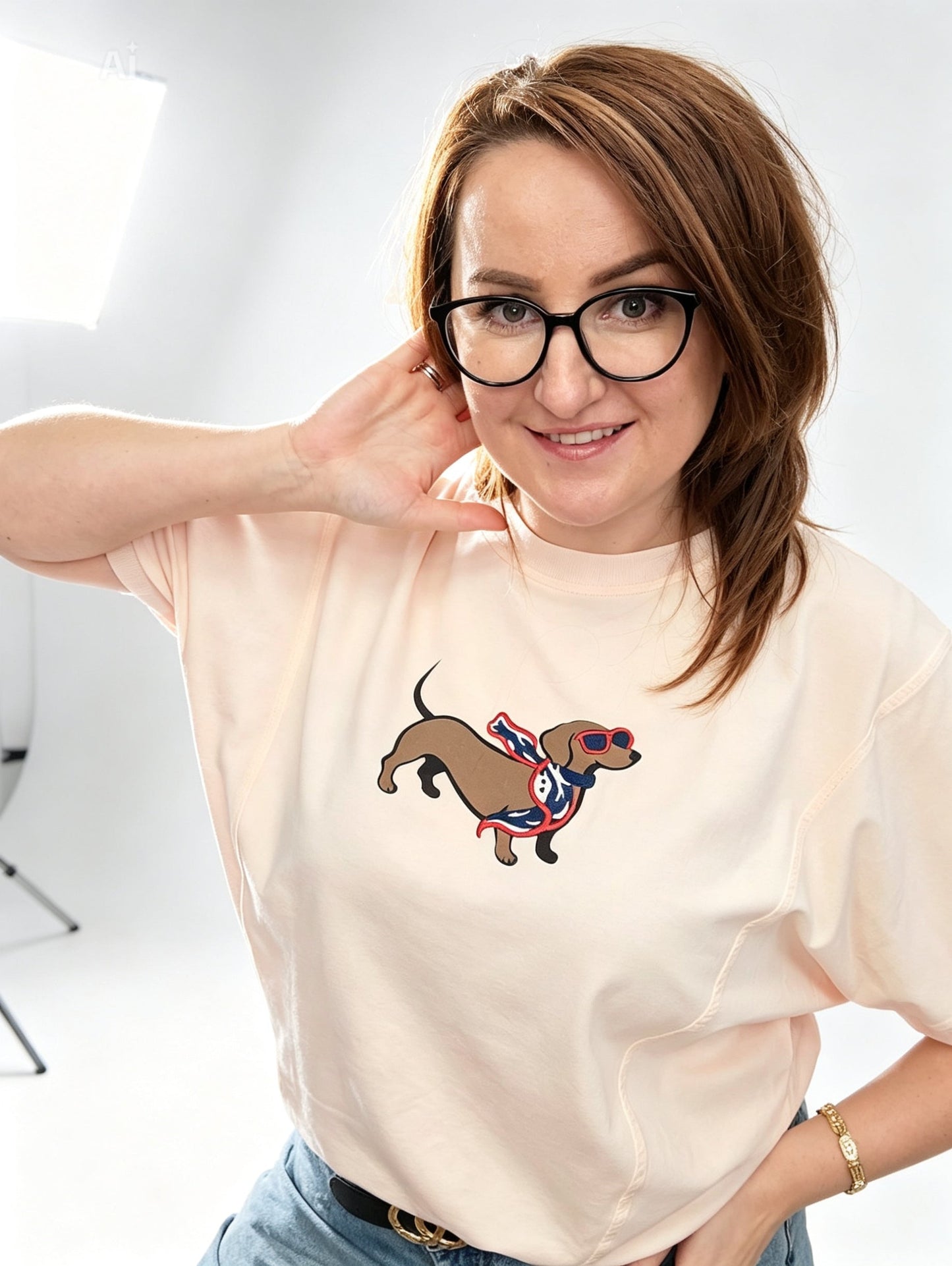 Oversize Damen Shirt mit Dackel-Motiv Lachsrosa Ramoneska