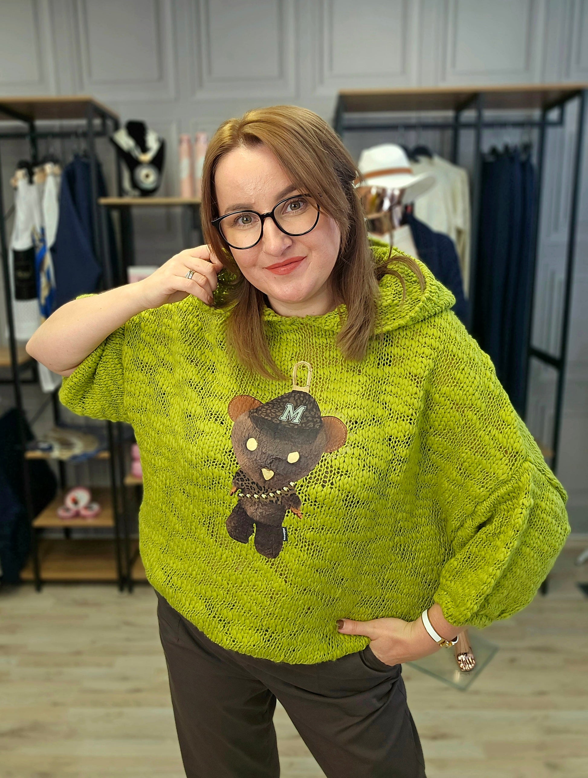 Pullover Bär mit Kapuze gehäkelt Minouu Grün Minouu