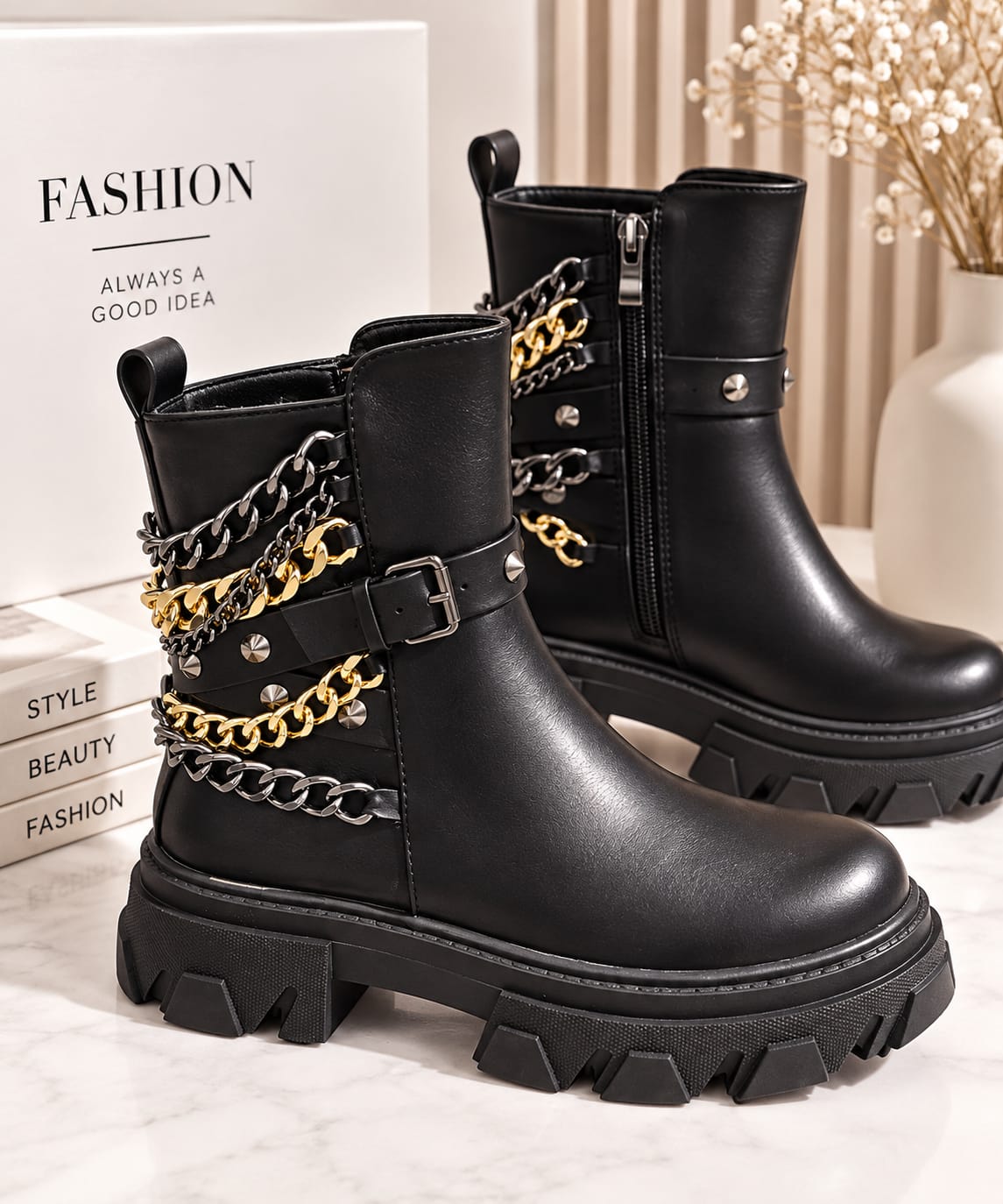 Biker Boots mit Ketten schwarz Ramoneska
