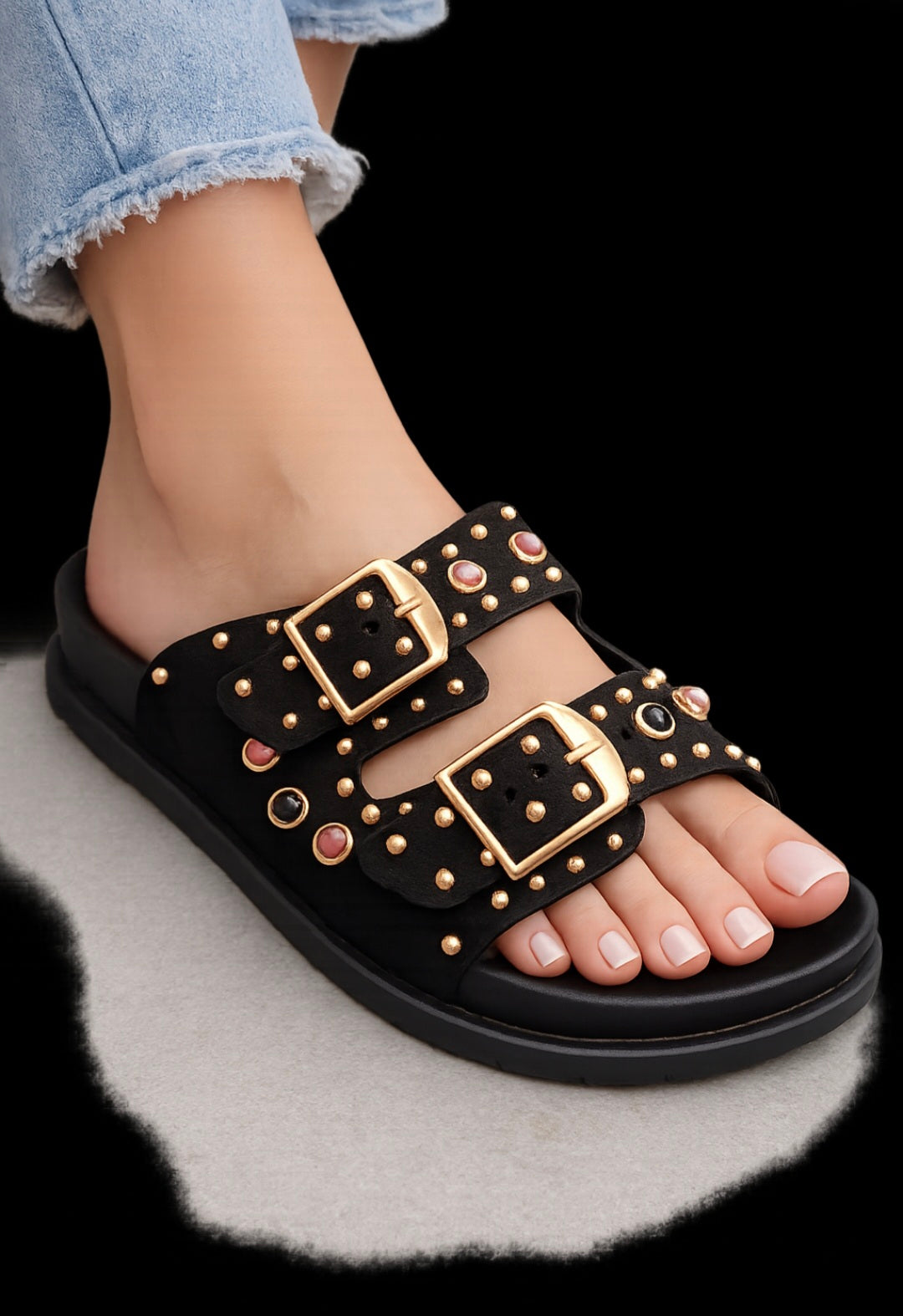 Amara Schwarz Glam – Sandalen mit Schmucksteinen Ramoneska