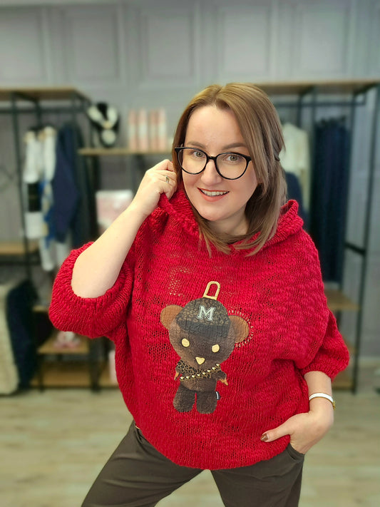 Pullover Bär mit Kapuze gehäkelt Minouu Rot