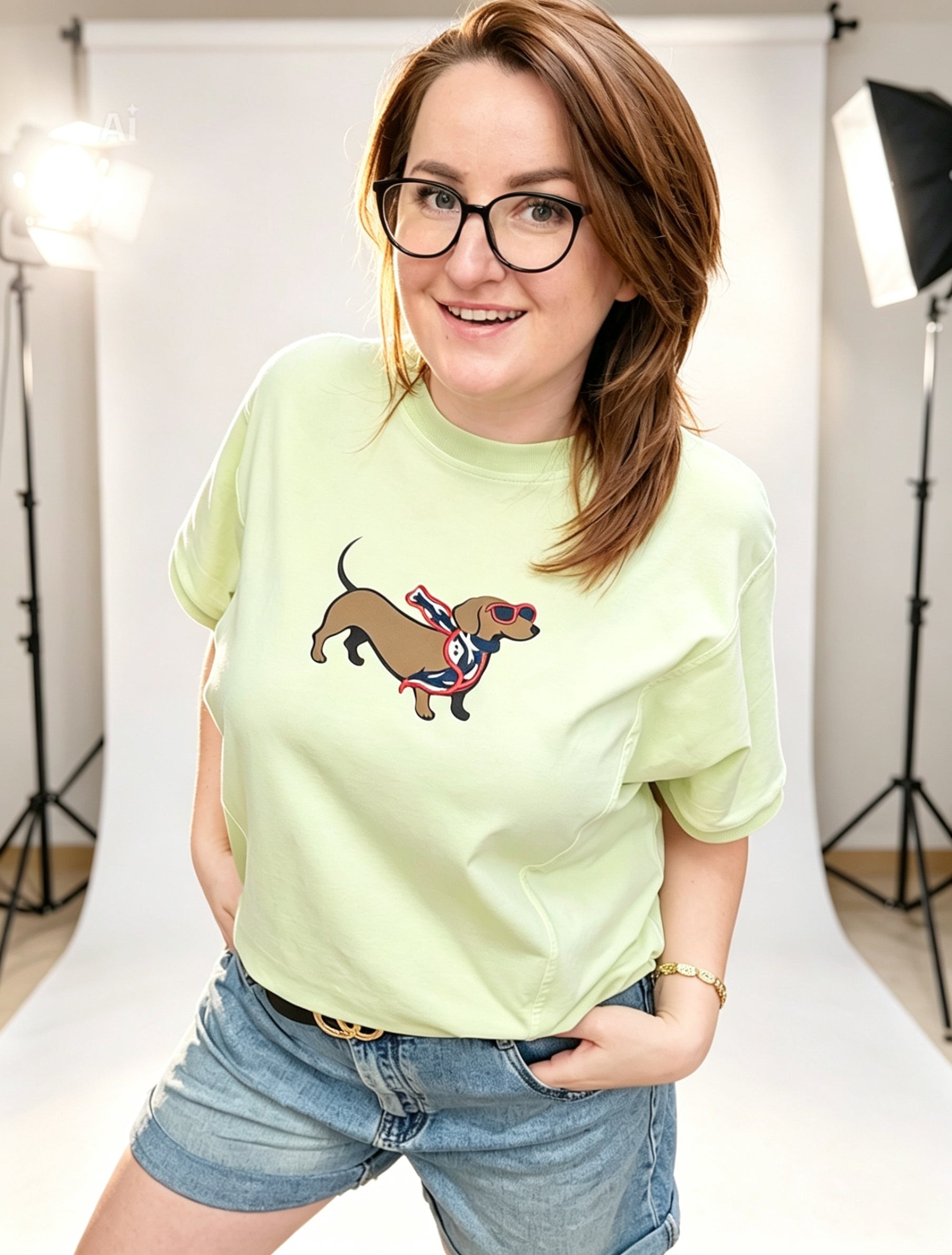 Oversize Damen Shirt mit Dackel-Motiv Limetten-grün Ramoneska