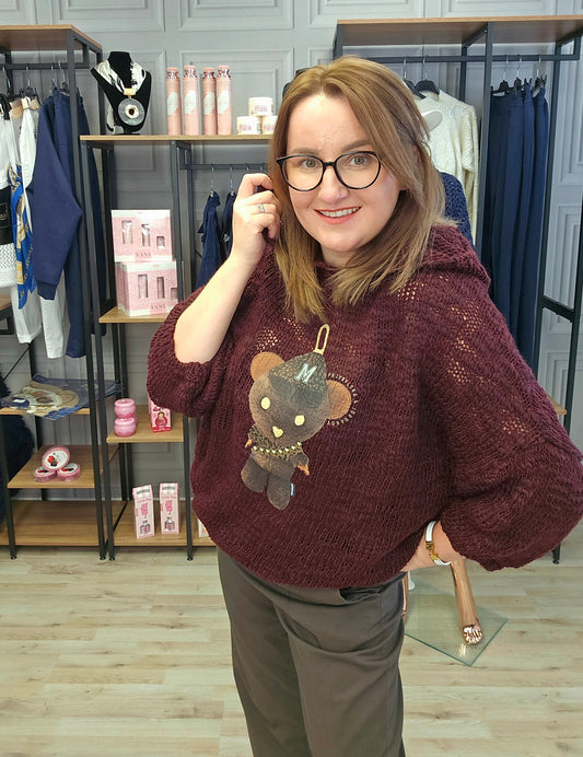 Pullover Bär mit Kapuze gehäkelt Minouu Burgund Minouu