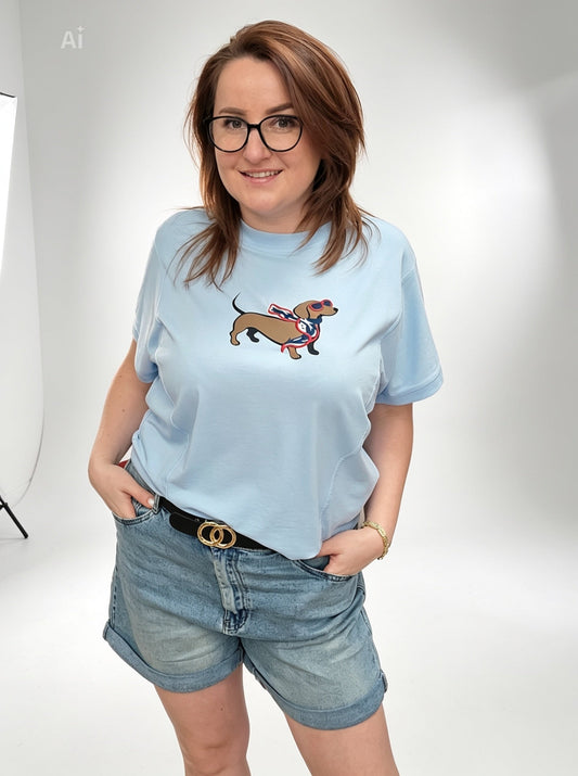 Shirt Bluse 'Dackel' hellblau Ramoneska