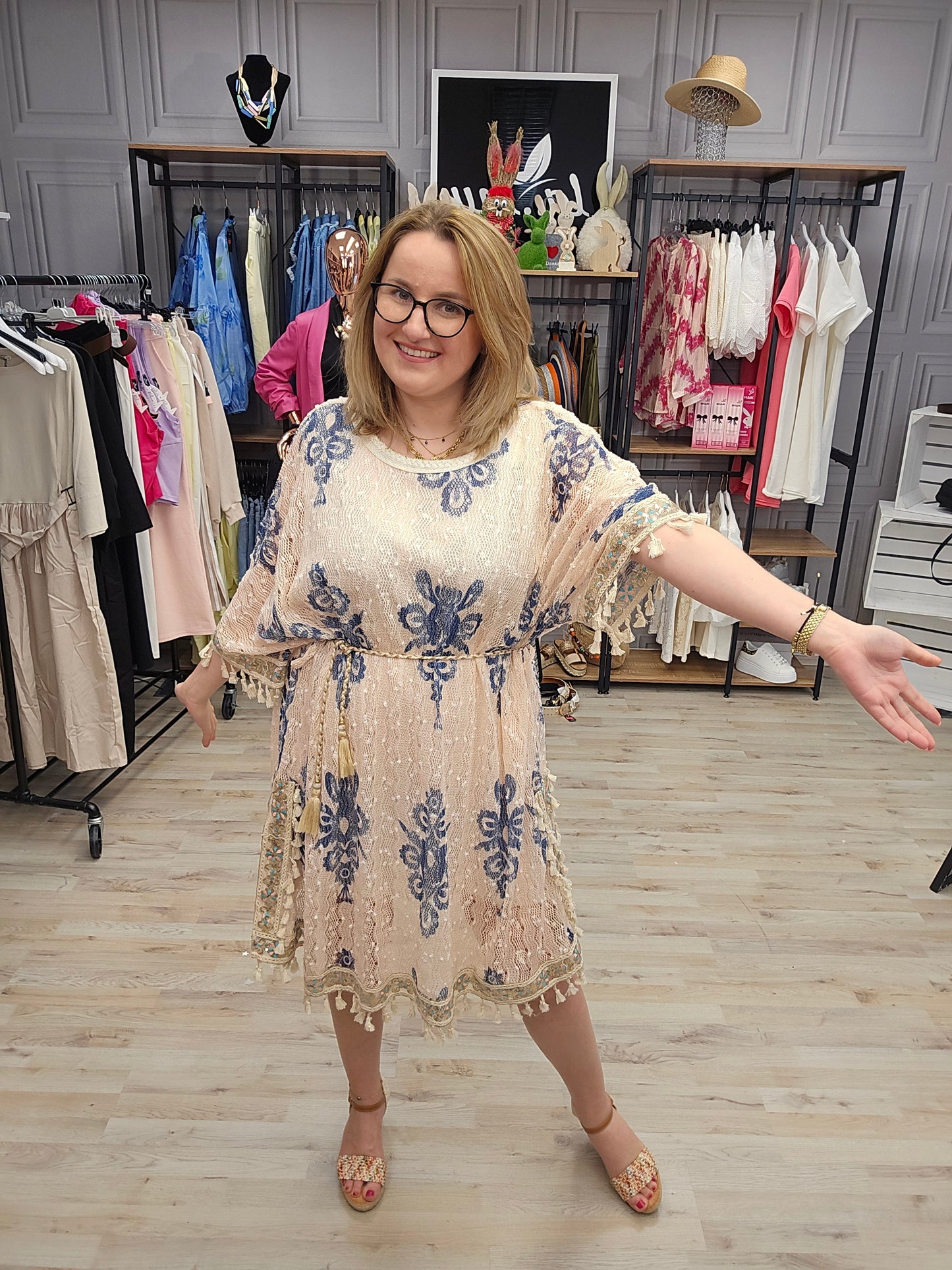 Boho Kleid beige - blau Ramoneska