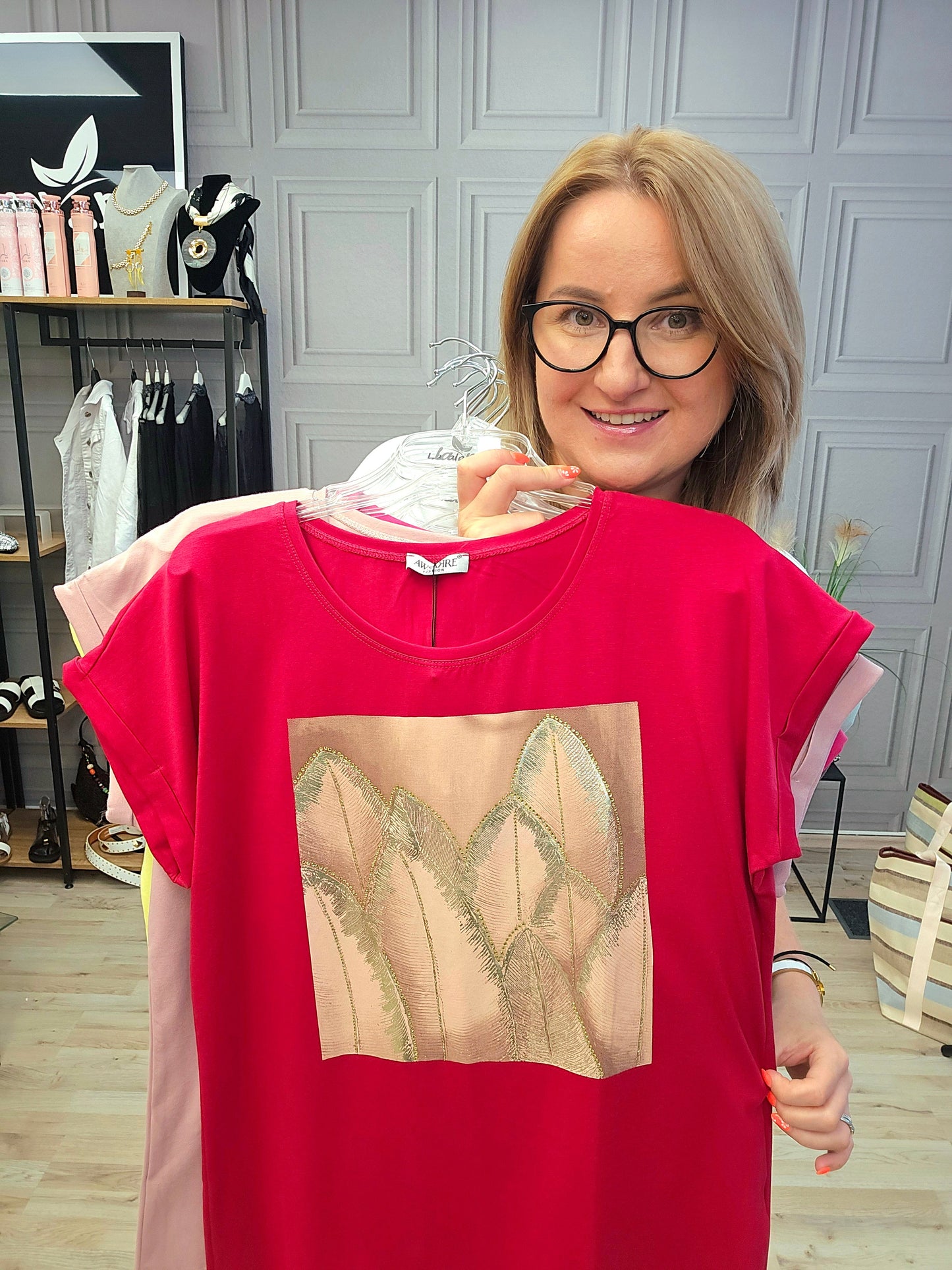 T-Shirt Bluse Blätter mit Strass Ramoneska