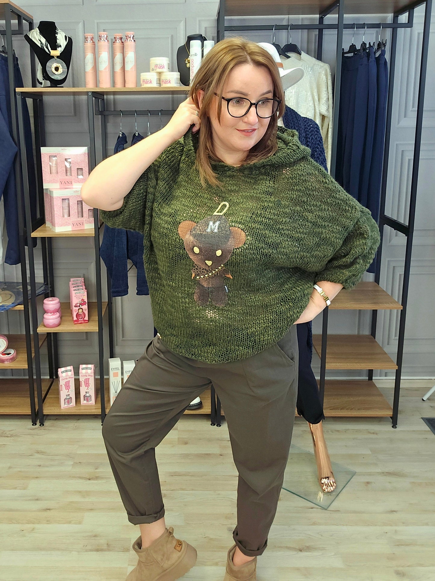 Pullover Bär mit Kapuze gehäkelt Minouu Khaki Minouu