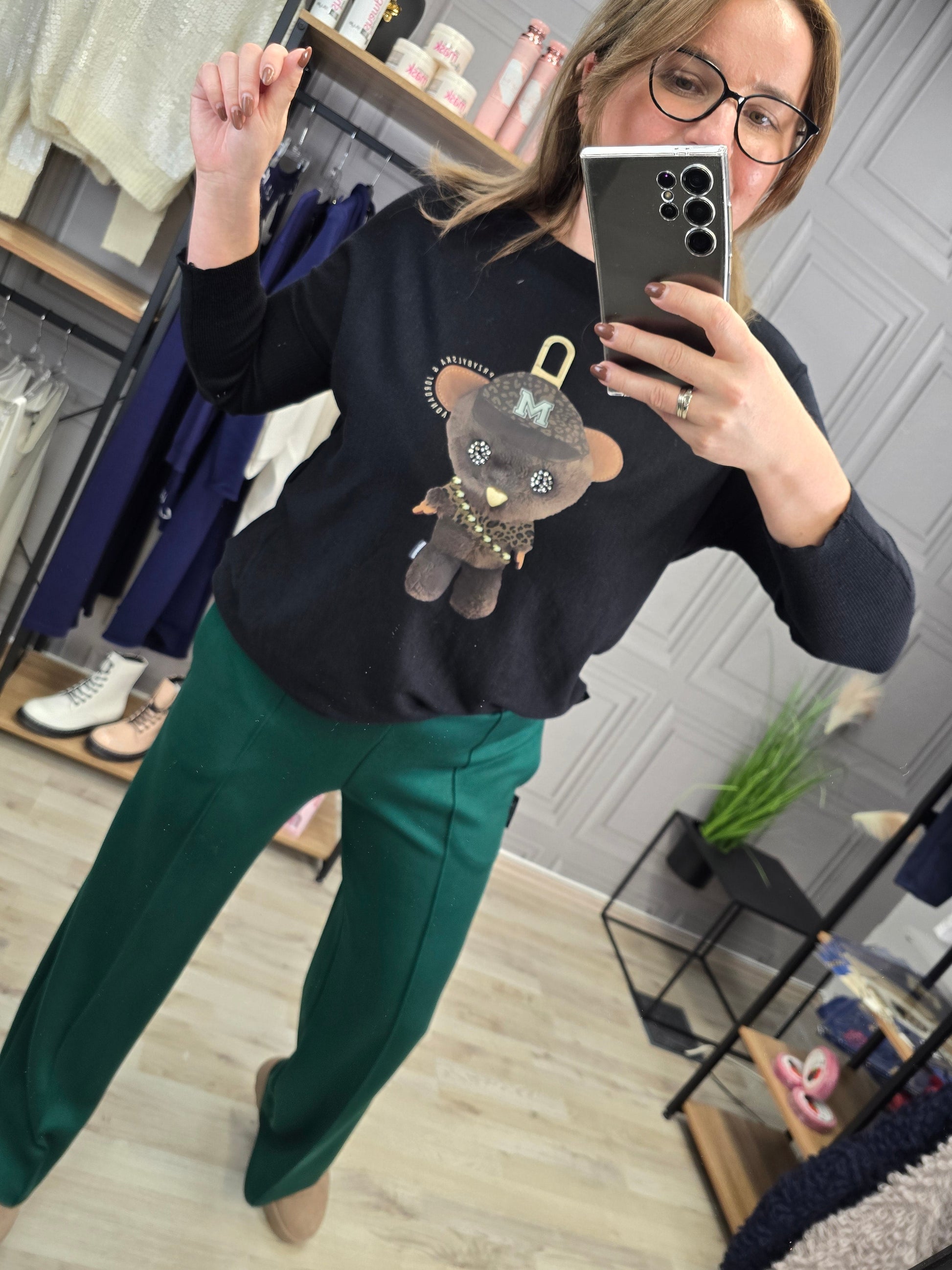 Pulli Teddy Strass schwarz Minouu Feinstrick Minouu
