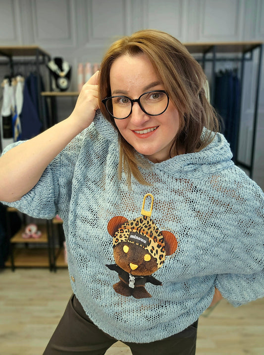 Pullover Bär mit Kapuze gehäkelt Minouu Baby Blau Minouu